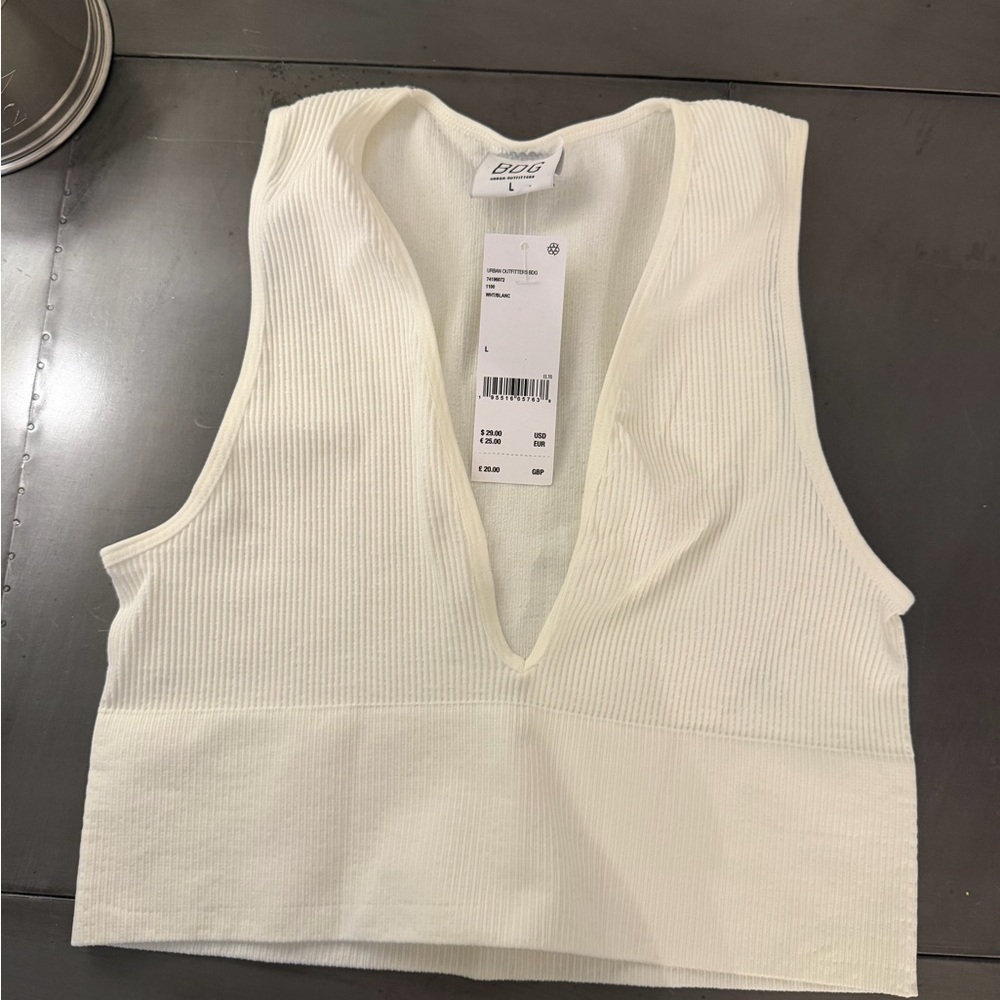 NWT Urban Outfitters Cream Ribbed Deep V Crop Top